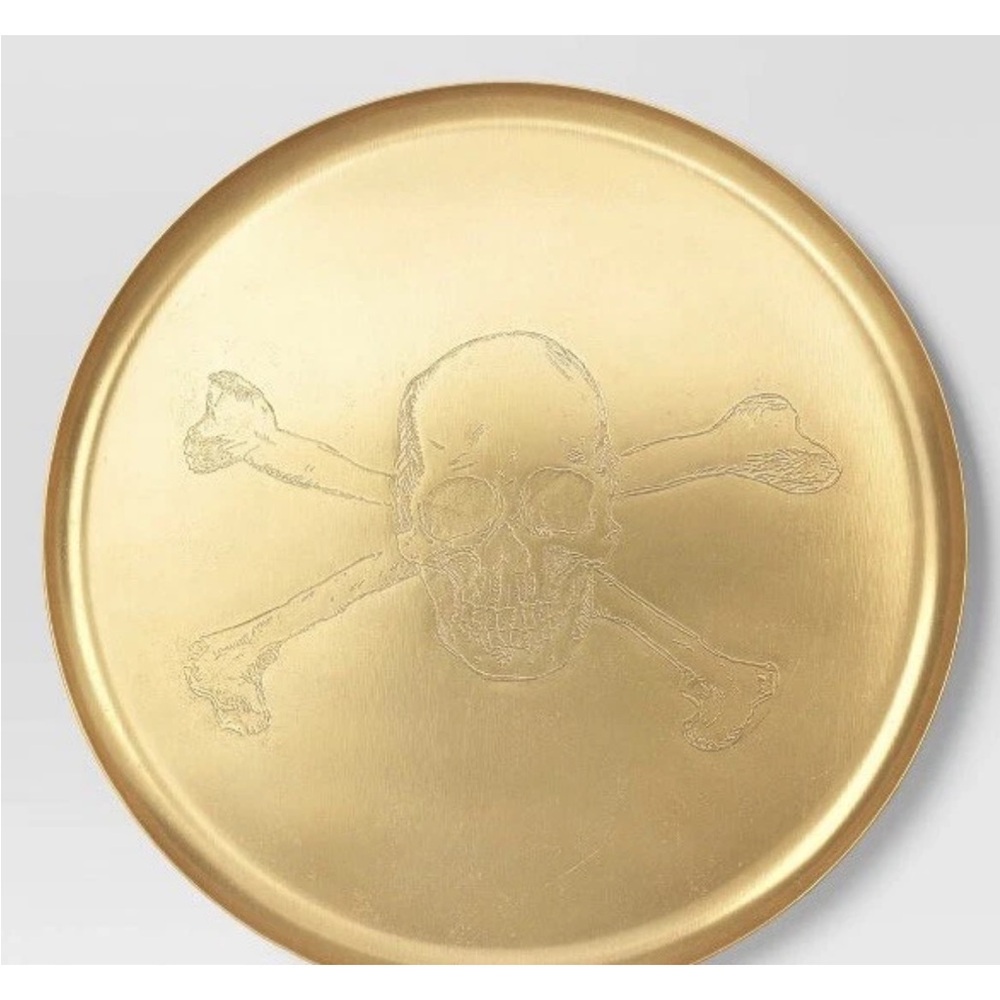 Threshold 16” Halloween Aluminum Serving Platter Tray Skull Crossbones Gold Tone